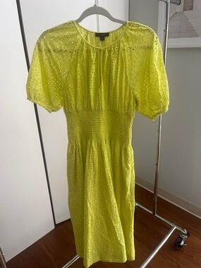 J. Crew Neon Yellow Eyelet Midi Dress with Smocked Waist